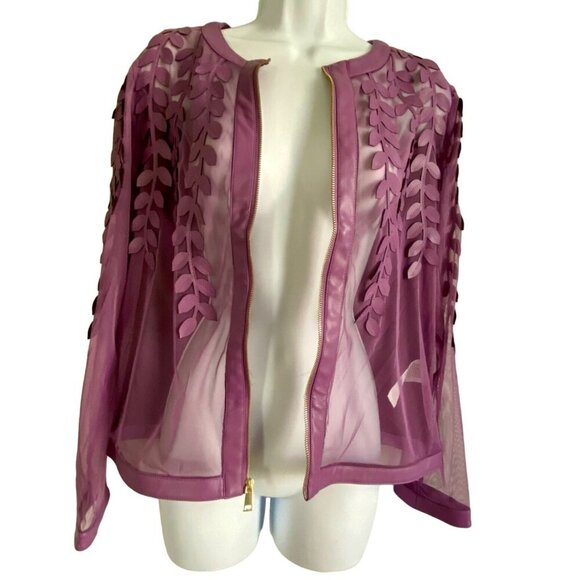 Colleen Lopez Purple Mesh Jacket Leaf Pattern and Faux Leather Women's XS NEW - Picture 6 of 13